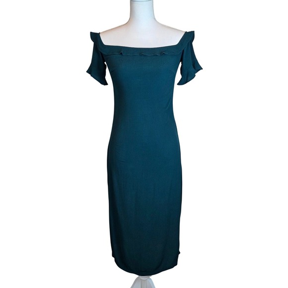 Reformation Dresses & Skirts - Reformation Antonia Teal Green Off Shoulder Ruffle Midi Dress Crepe Size 2-4